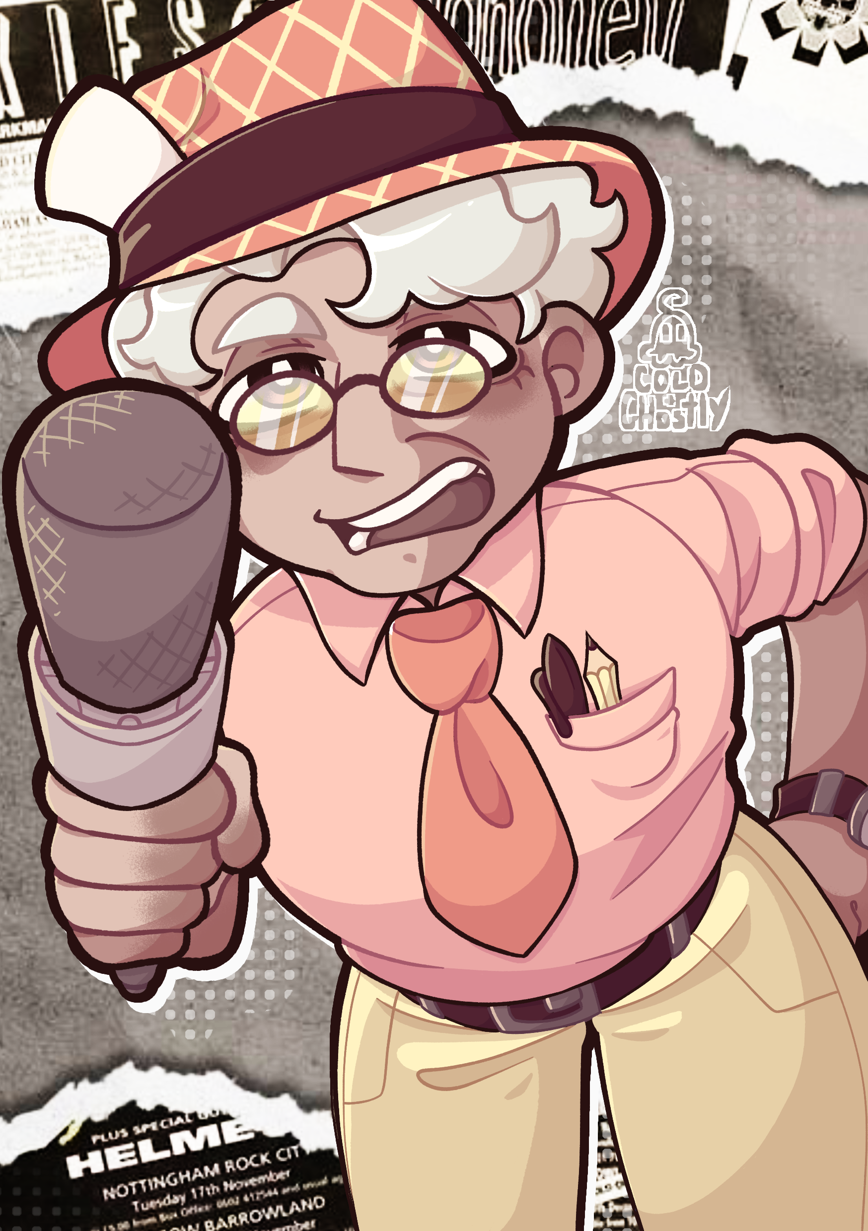 A drawing of Stan Goldstein from Anime Campaign holding a reporters microphone up towards the viewer.